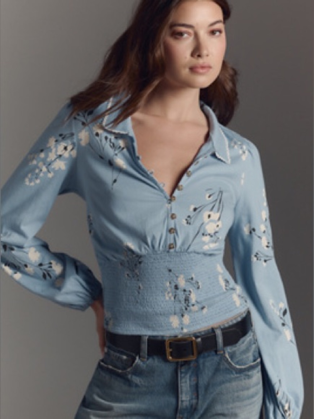 ✨NEW!✨ Anthropologie Maeve Smocked Buttondown 100% Soft Blue Cotton Top in XXS